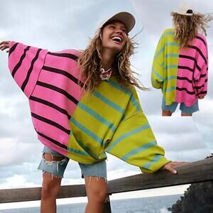 NEW Free People Uptown Stripe Pullover Sweatshirt Pink Green Combo MD Oversized